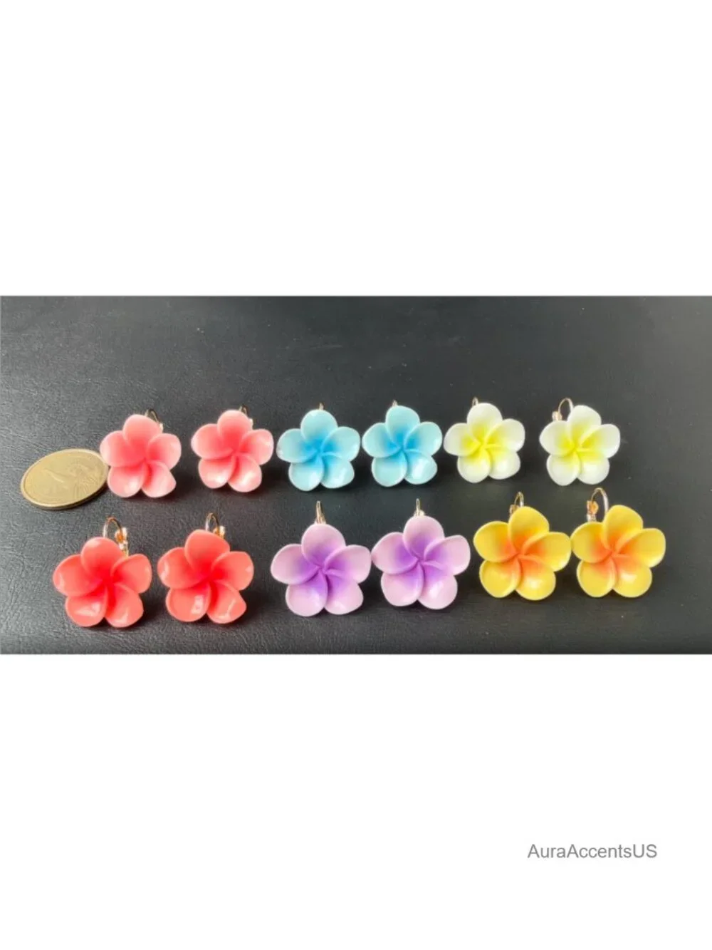 Gold Plated Resin Plumeria Leverback Flower Earrings Tropical Floral Statement